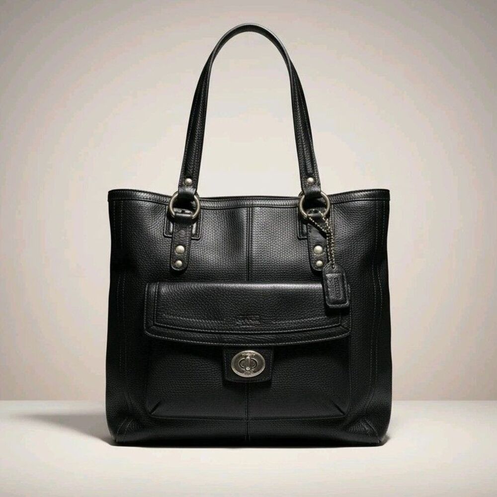 COACH Penelope Shoulder Bag Black Pebbled Leather F19264 Front Turn-Lock Tote